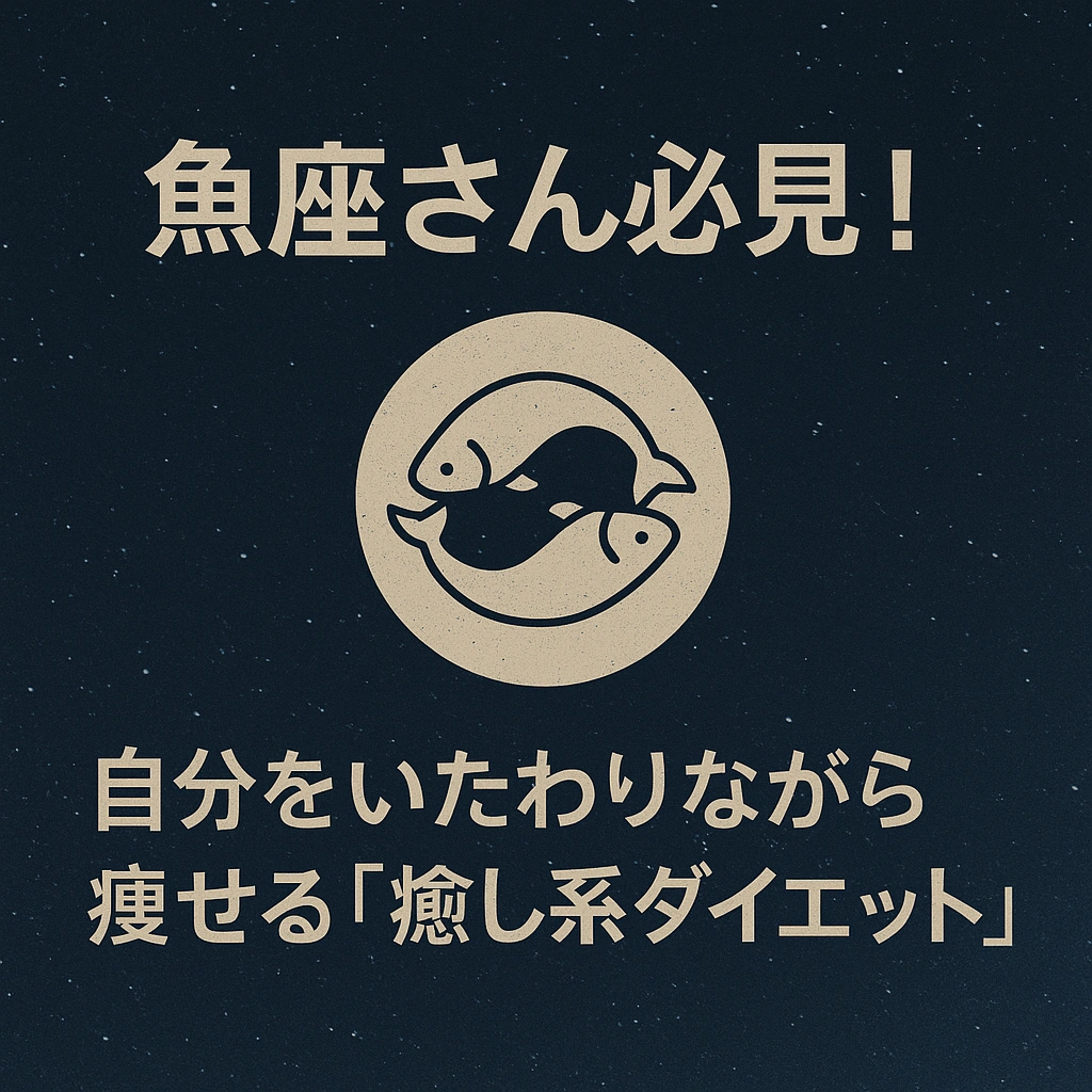 魚座のシンボルマークと「魚座さん必見！自分をいたわりながら痩せる『癒し系ダイエット』」というタイトルが描かれたサムネイル画像。星空背景に2匹の魚が円を描いて泳ぐような柔らかいデザイン。
