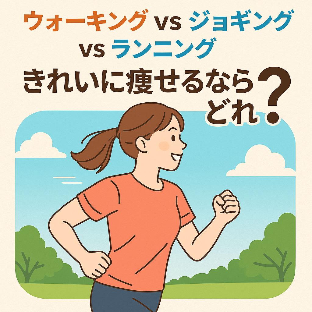 ジョギングをしている若い女性のイラスト。明るい空と緑の中で気持ちよく運動している様子が描かれており、健康的で前向きなダイエットのイメージ。