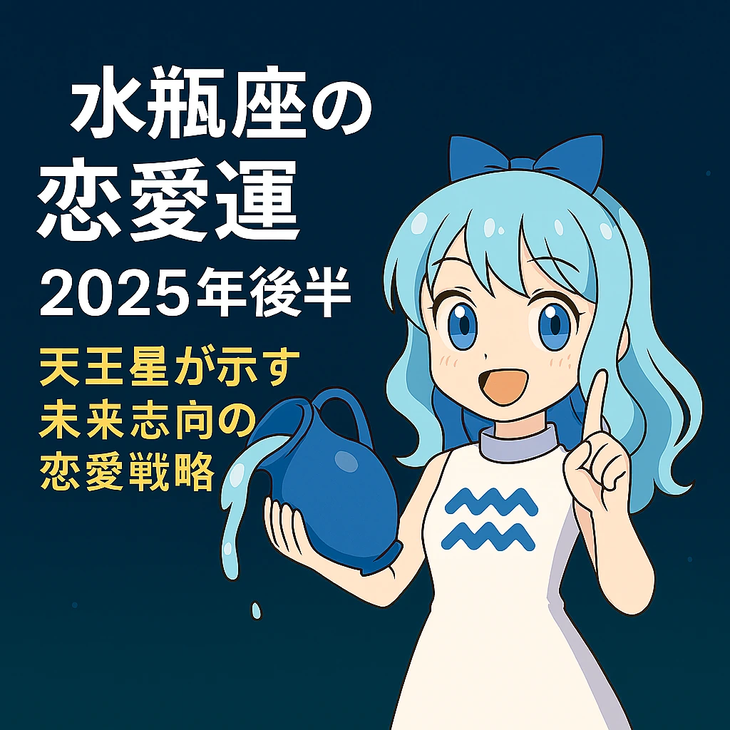 水瓶座を象徴する青い髪の少女キャラクターが、水瓶を手に微笑んでいるイラスト。背景には「水瓶座の恋愛運 2025年後半」「天王星が示す未来志向の恋愛戦略」という文字が左寄せで配置されている。