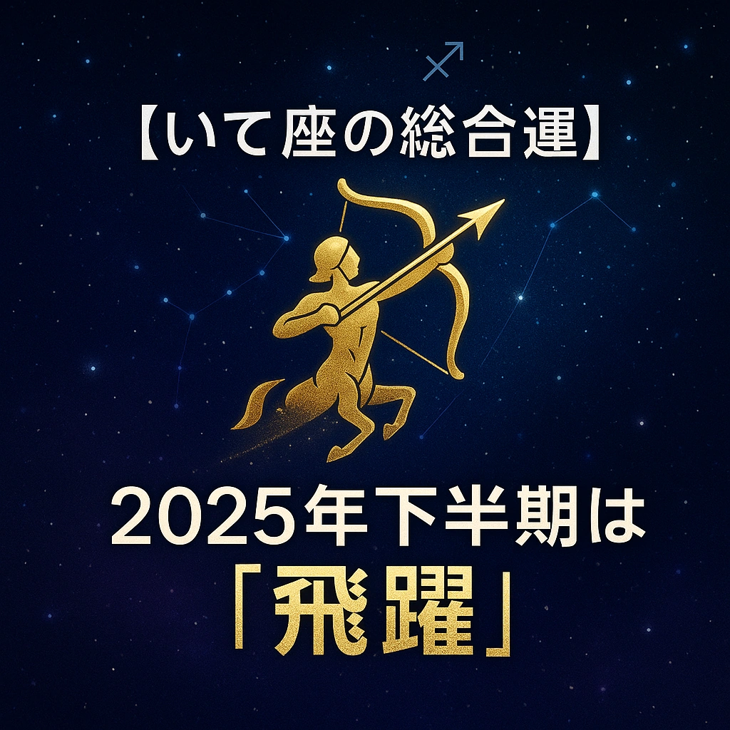 夜空の星々と星座ラインを背に、金色の射手座（いて座）アイコンが上向きに矢を放つデザイン。上部に「【いて座の総合運】」、下部に「2025年下半期は『飛躍』」の白文字とゴールドの強調文字が配置された1024×1024のサムネイル。