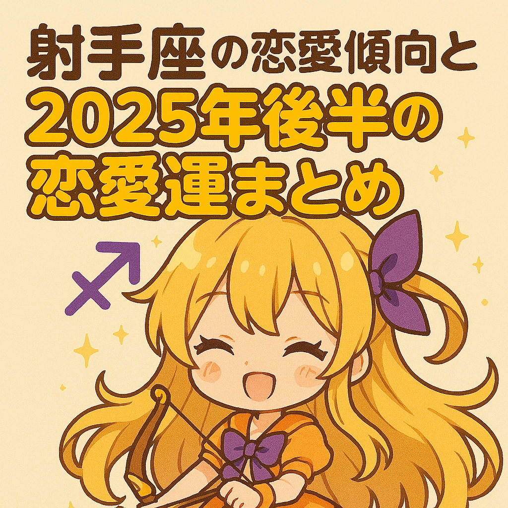 射手座の恋愛傾向と2025年後半の恋愛運まとめ―笑顔の射手座少女キャラ（弓矢・紫リボン）を淡いベージュ背景と大きな見出しで描いたサムネイル