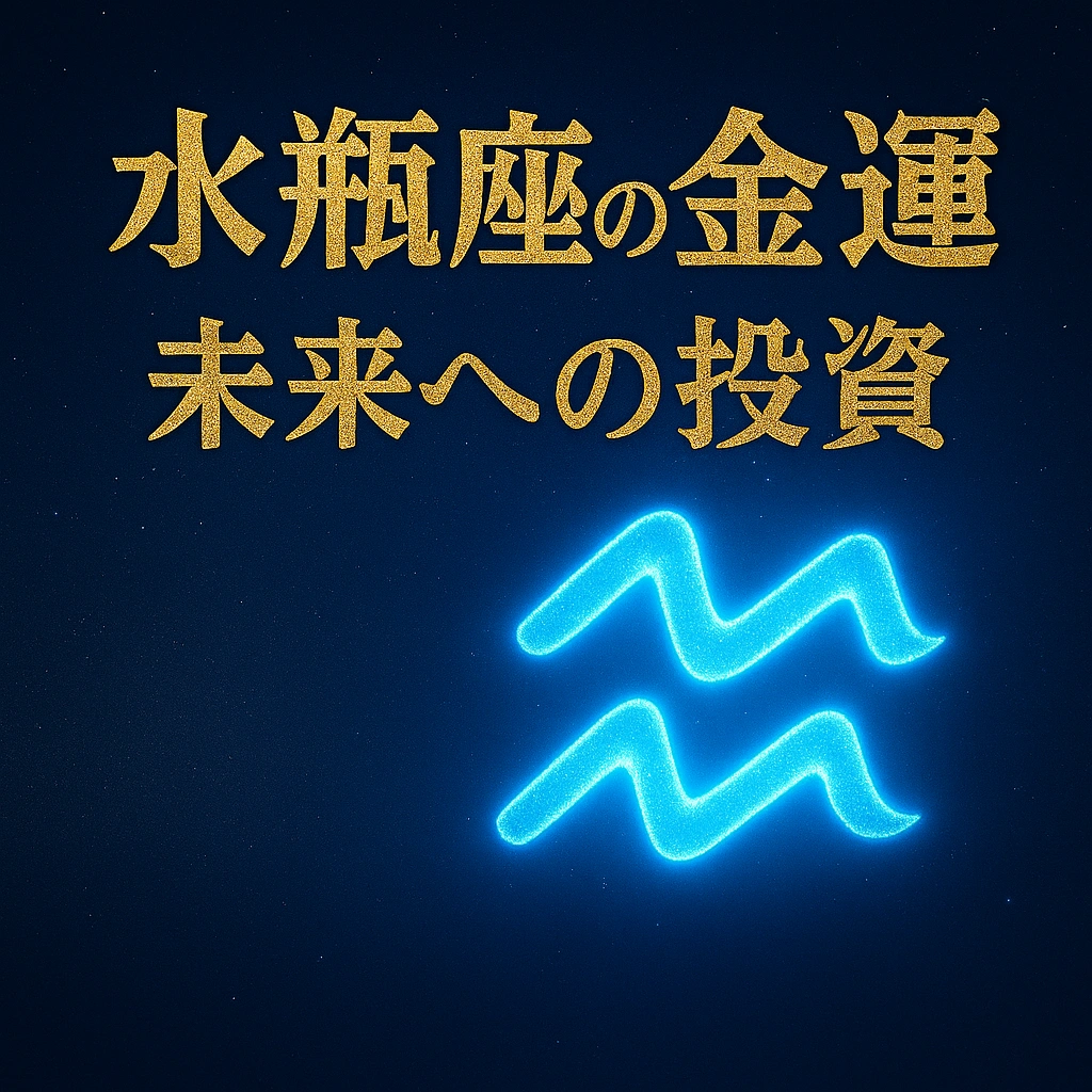 深い青の夜空に金色の文字で「水瓶座の金運　未来への投資」と書かれ、下部には青く輝く水瓶座のシンボルマークが浮かぶ幻想的なデザインのサムネイル。