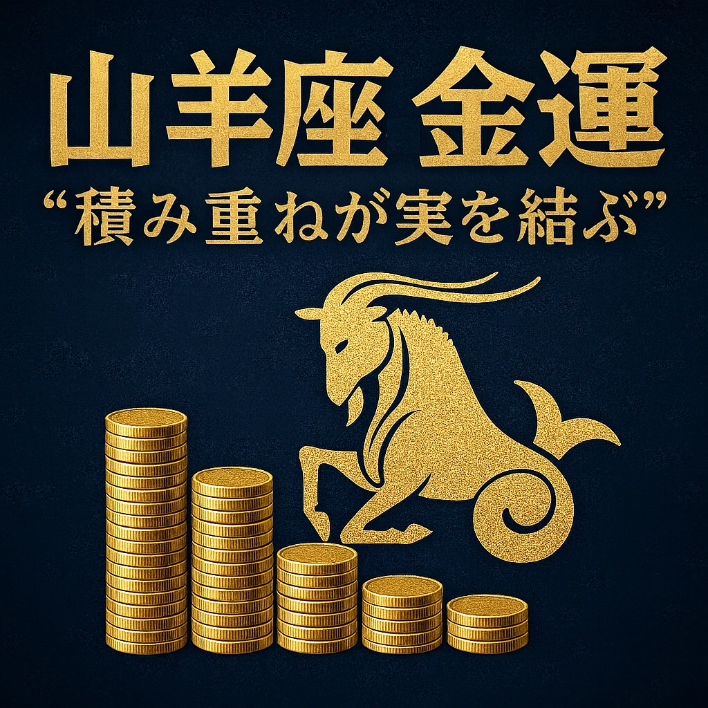 「山羊座の金運 “積み重ねが実を結ぶ”」という金色の文字が中央に配置されたデザイン。背景は深いネイビーブルーで、右側には山羊座を象徴する神話的なヤギと魚の尾をもつシンボル、下部には金貨が段階的に積み重なったグラフのようなモチーフが描かれている。全体的に高級感と堅実さを感じさせるビジュアル。