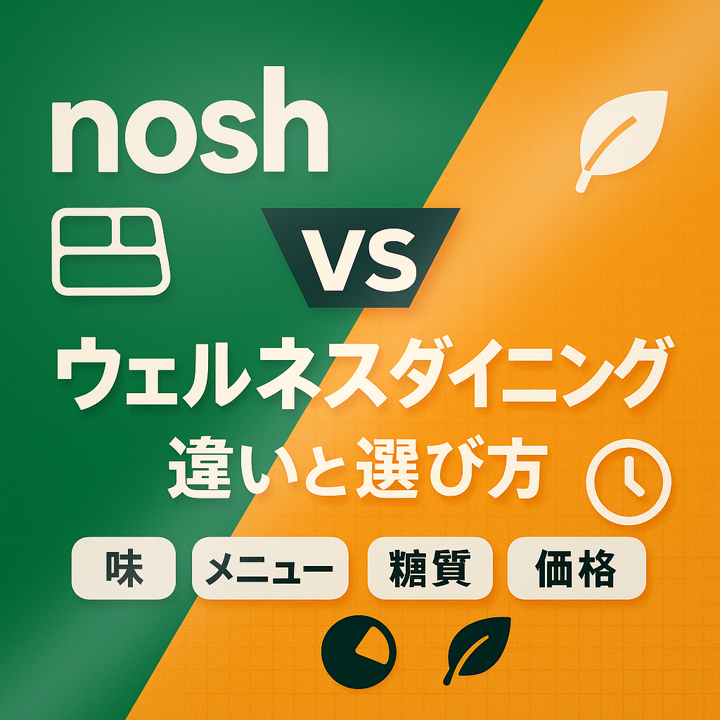 宅配ダイエット食の比較サムネイル画像。noshとウェルネスダイニングを緑とオレンジの背景で対比し、「違いと選び方」を強調。味・メニュー・糖質・価格の4項目をアイコン付きで表示。
