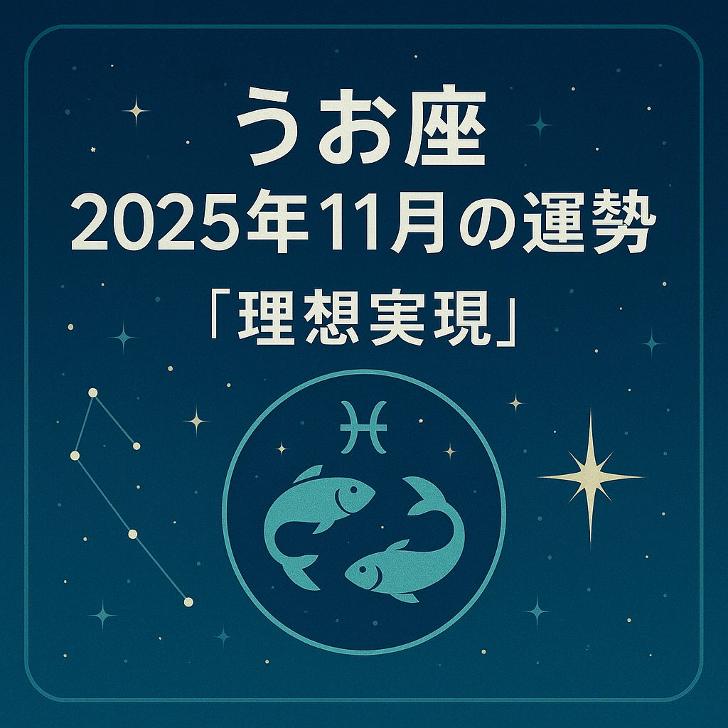 【うお座】2025年11月の運勢「理想実現」—星空の青い背景に、うお座(♓)のシンボルと2匹の魚、左側にうお座の星座線を配したサムネイル(1024×1024)
