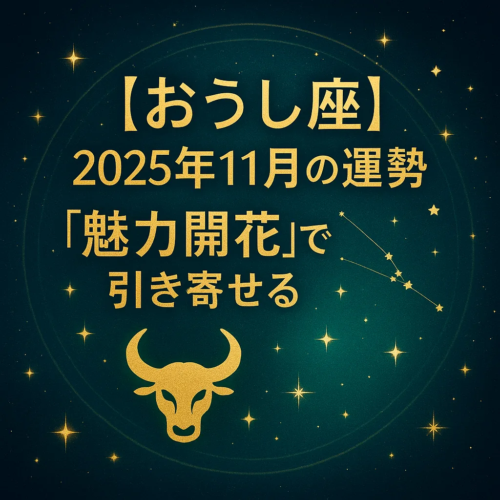 おうし座 2025年11月の運勢サムネ|「魅力開花」を象徴する金文字と星空、牡牛座アイコン