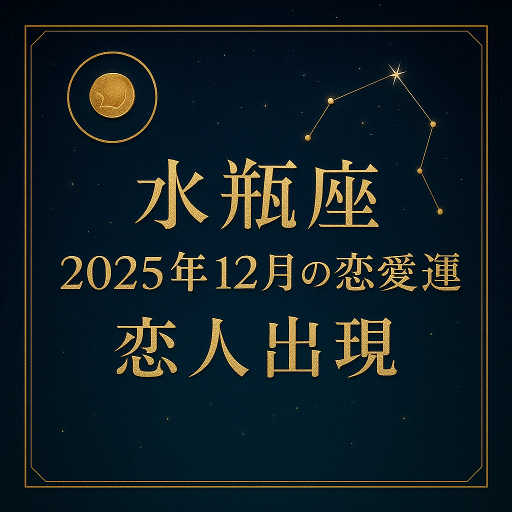 水瓶座｜2025年12月の恋愛運｜恋人出現——濃紺からティールのグラデーションに金の星座枠と星々、右上に水瓶座の星座線。中央揃えの金文字タイトルが上品に輝くサムネイル。