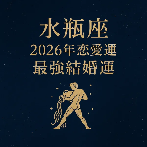 水瓶座｜2026年恋愛運｜最強結婚運のタイトルが中央に配置された、ネイビーとゴールド基調の高級感ある星座サムネイル画像