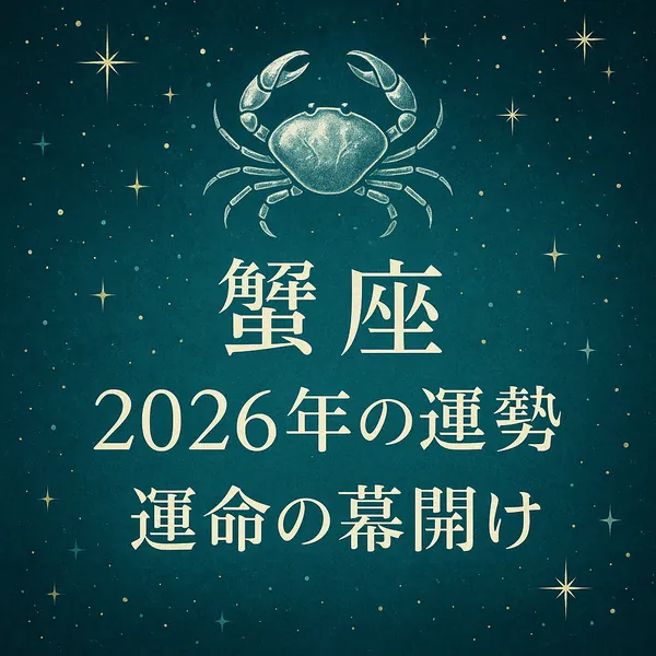 蟹座｜2026年の運勢｜運命の幕開け 深いエメラルドグリーンの夜空に蟹座のシンボルと星々が輝く、高級感のあるサムネイル画像