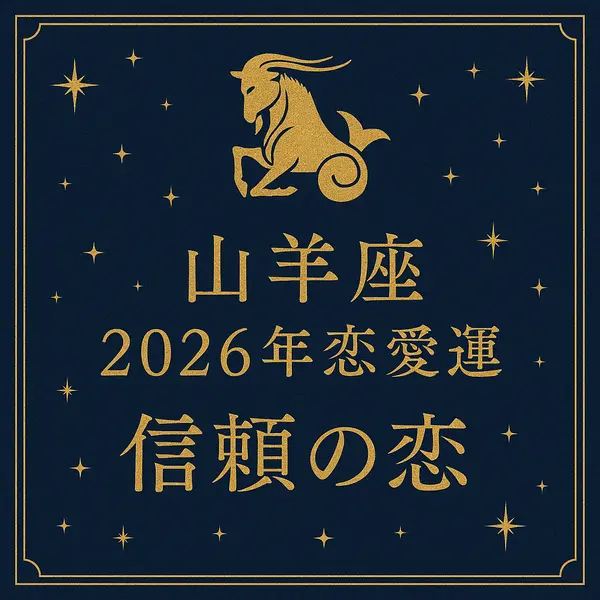 2026年の山羊座の恋愛運「信頼の恋」をテーマにしたサムネイル画像。濃いネイビーの背景に金色の山羊座マークと星々が輝き、中央に「山羊座｜2026年恋愛運｜信頼の恋」の文字が高級感のある書体で配置されている。