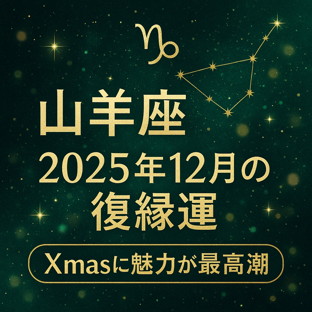 山羊座｜2025年12月の復縁運｜深いグリーンの星空に山羊座マークと星座線、金色文字で「Xmasに魅力が最高潮」と示した高級感のあるサムネイル