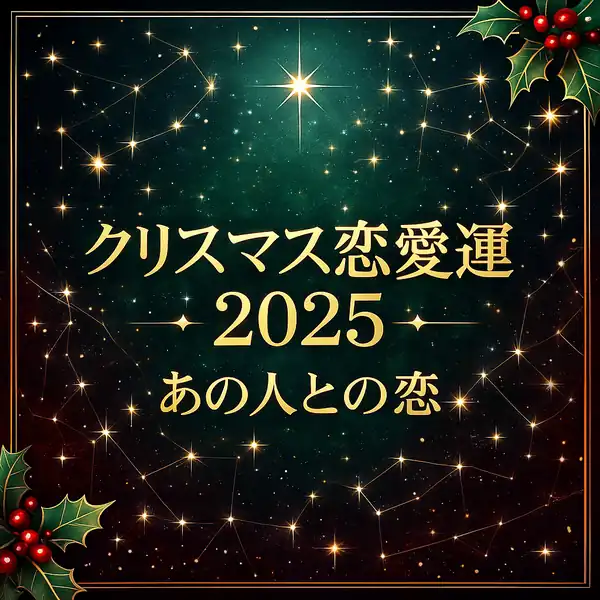 クリスマスカラーの星空とホーリーリーフを背景に、「クリスマス恋愛運 2025　あの人との恋」というゴールドの文字が中央に配置された、高級感のある占い記事サムネイル。