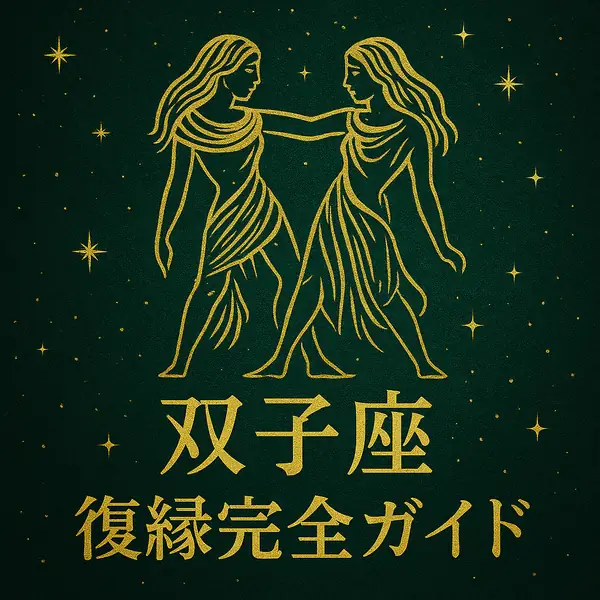 双子座をモチーフにした深いグリーン×ゴールドの高級感あるサムネイル。中央に双子座のシンボルが描かれ、その下に「双子座」「復縁完全ガイド」というタイトル文字が配置されている。