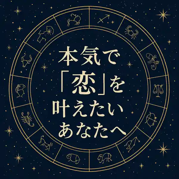 本気で「恋」を叶えたいあなたへという日本語タイトルが中央に配置されたサムネイル。濃紺の夜空に金色の12星座ホイールと星々が描かれた、高級感のあるデザイン。