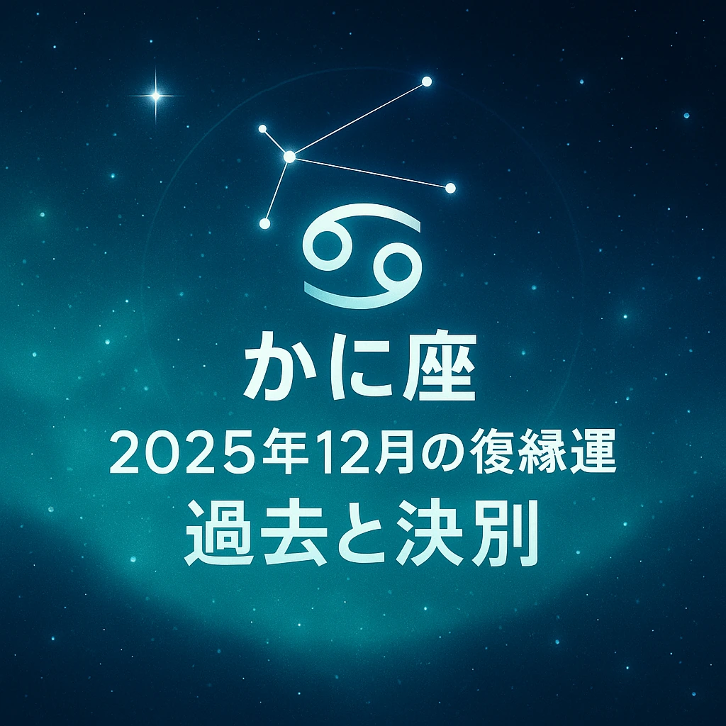 かに座｜2025年12月の復縁運｜過去と決別──深いティール〜紺の星空背景に、かに座のシンボルと星座線。中央揃えの白系タイポでタイトルが配置された1024×1024のサムネイル。