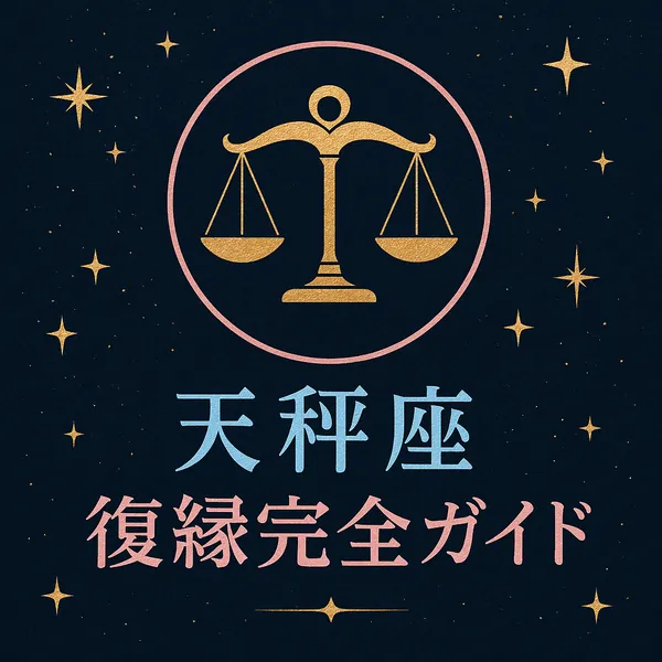 天秤座｜復縁完全ガイドのサムネイル画像。紺色の夜空を背景に、中央にゴールドの天秤マークと星々がきらめき、下部にパステルカラーの文字で「天秤座 復縁完全ガイド」と配置された高級感のあるデザイン。