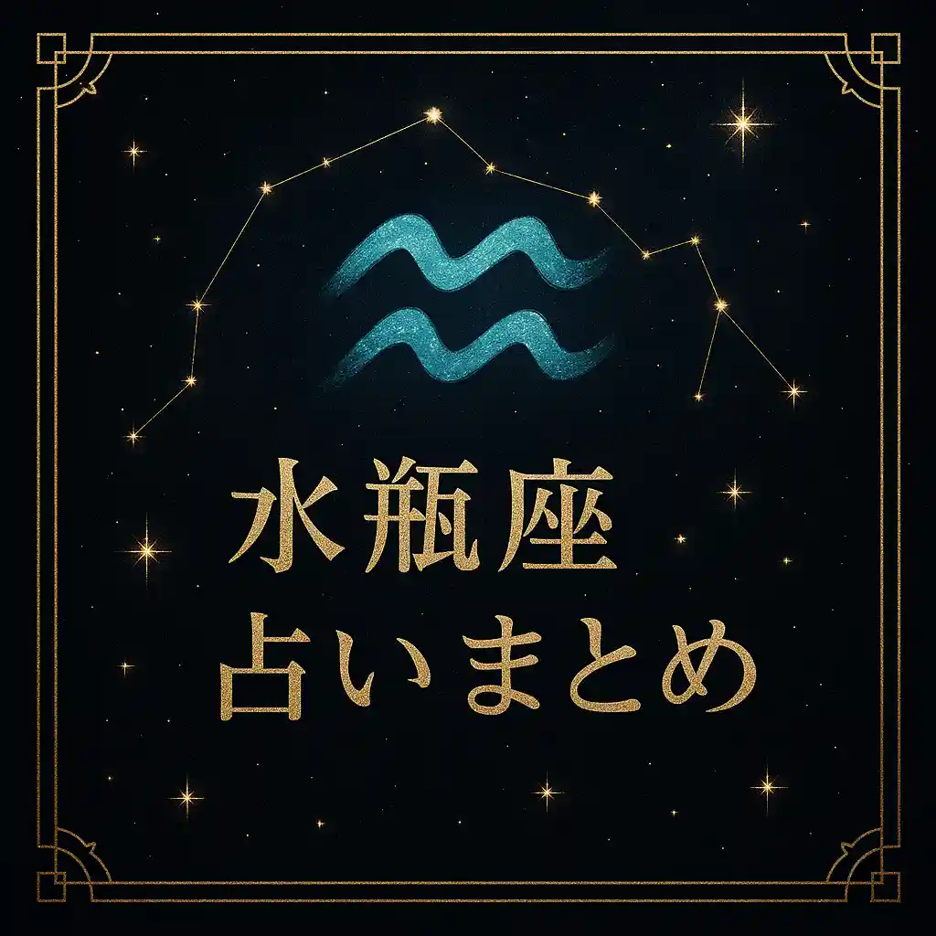 水瓶座のシンボルマークと星座の星々をあしらった、深い紺色とゴールド基調の高級感ある「水瓶座占いまとめ」タイトル画像