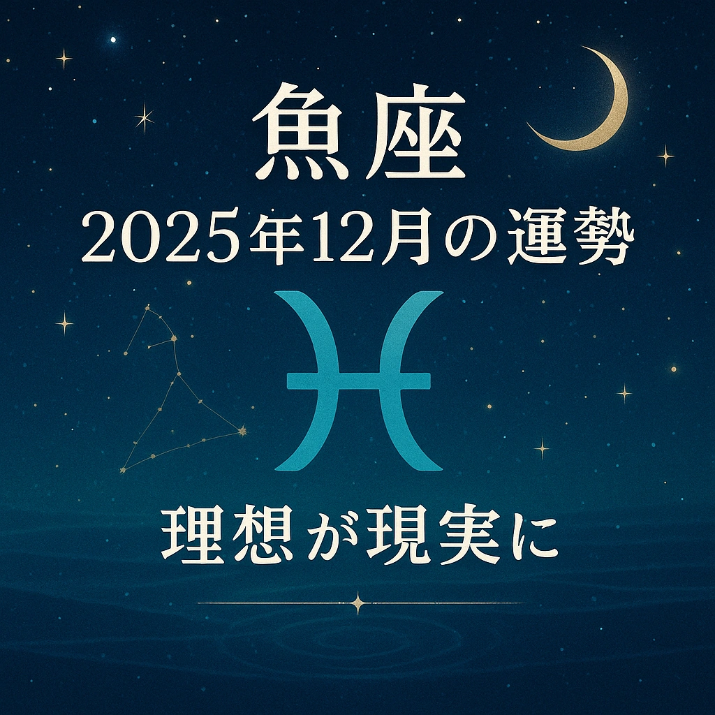 星空と三日月の下で魚座マークが輝く「魚座｜2025年12月の運勢—理想が現実に」のサムネイル。