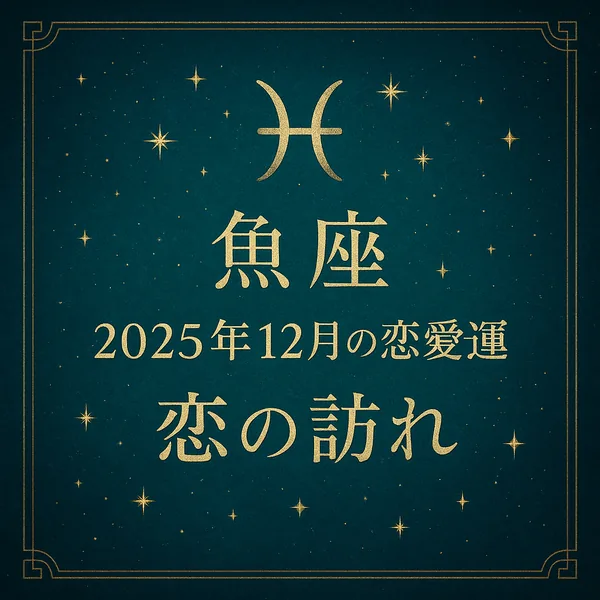 魚座｜2025年12月の恋愛運「恋の訪れ」サムネイル。深いティールの星空に金箔風の魚座マークと中央揃えの和文タイトル、装飾的な金枠で高級感のあるデザイン。