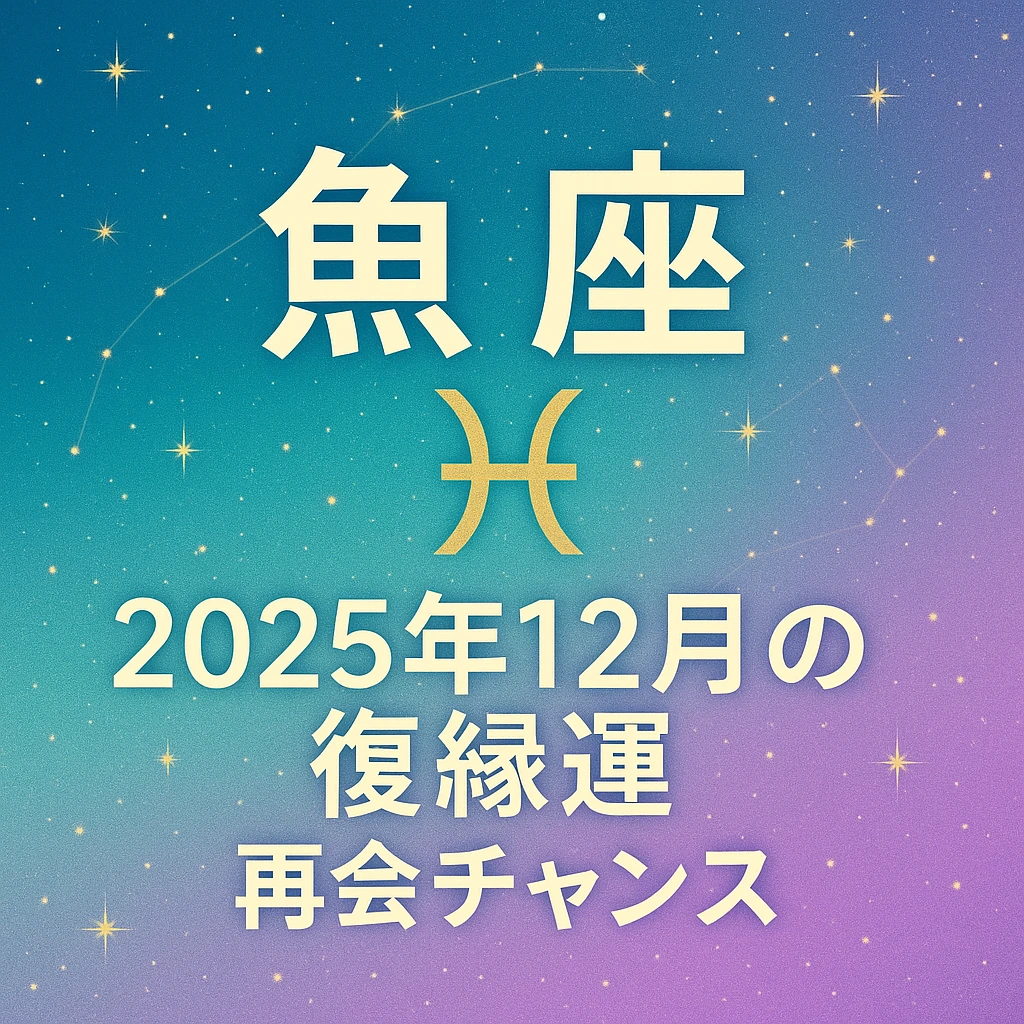 魚座｜2025年12月の復縁運｜再会チャンス——ティール〜ラベンダーの星空グラデ背景に金色の♓（魚座）シンボルと星座感の装飾を配したサムネイル（1024×1024）