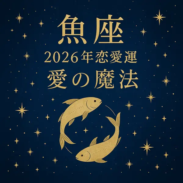 魚座｜2026年恋愛運｜愛の魔法のサムネイル画像。深いブルーの夜空に金色の魚と星々が輝く、高級感のあるデザイン。