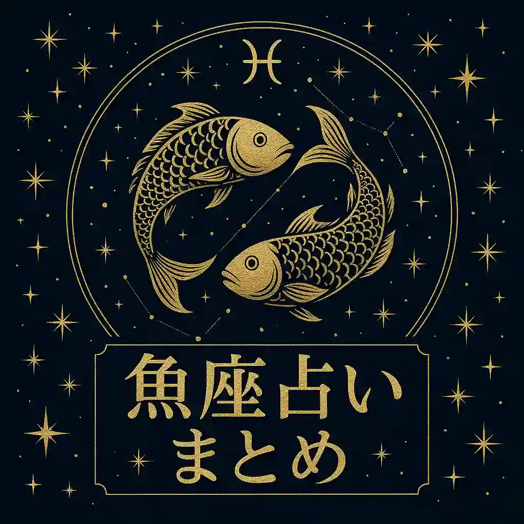 魚座の2匹の魚と星空を金色の線画で描いた高級感のある「魚座占いまとめ」サムネイル画像