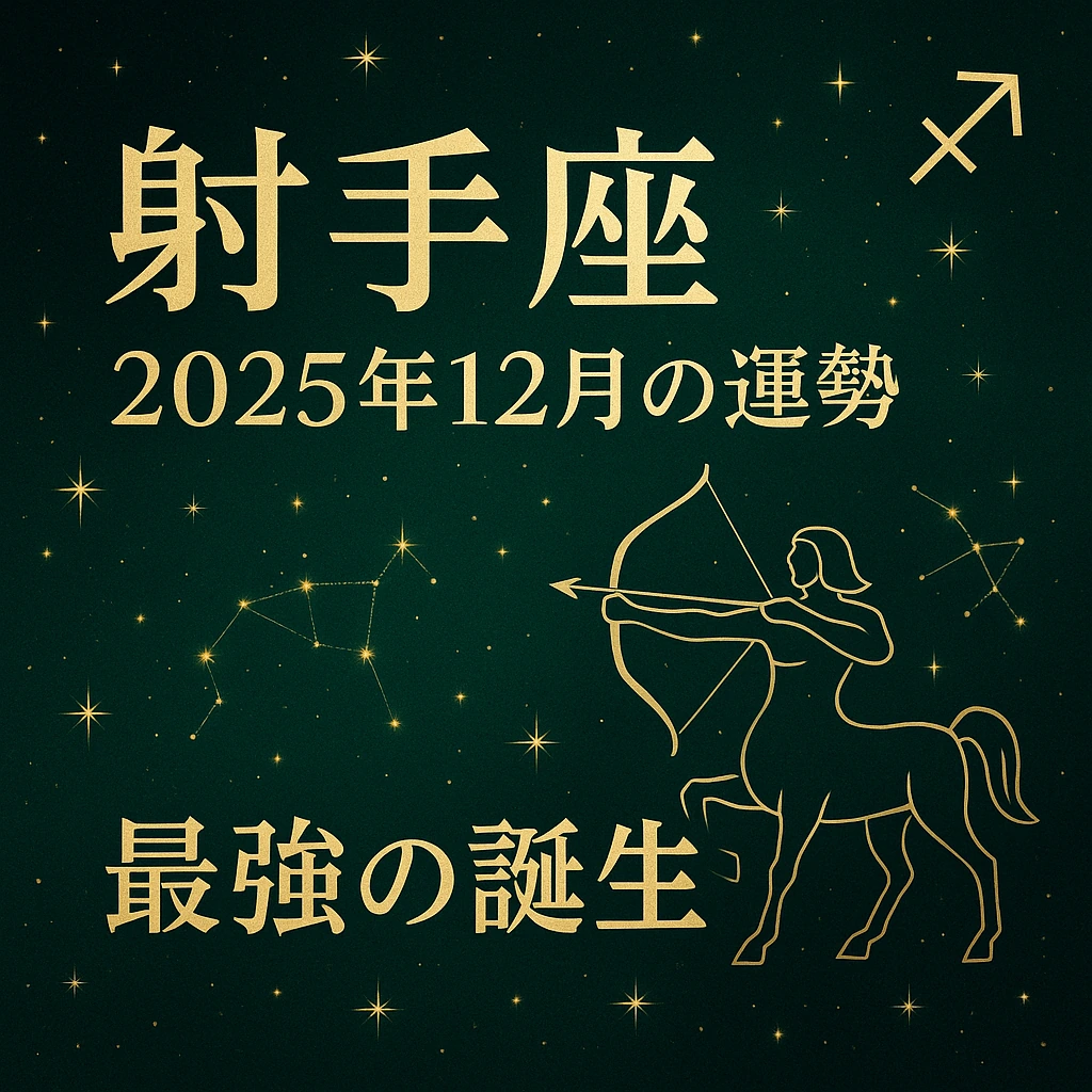 「射手座｜2025年12月の運勢｜最強の誕生。深いグリーンに金色の射手座シンボルと星座の星空、整った和文タイトル文字。」