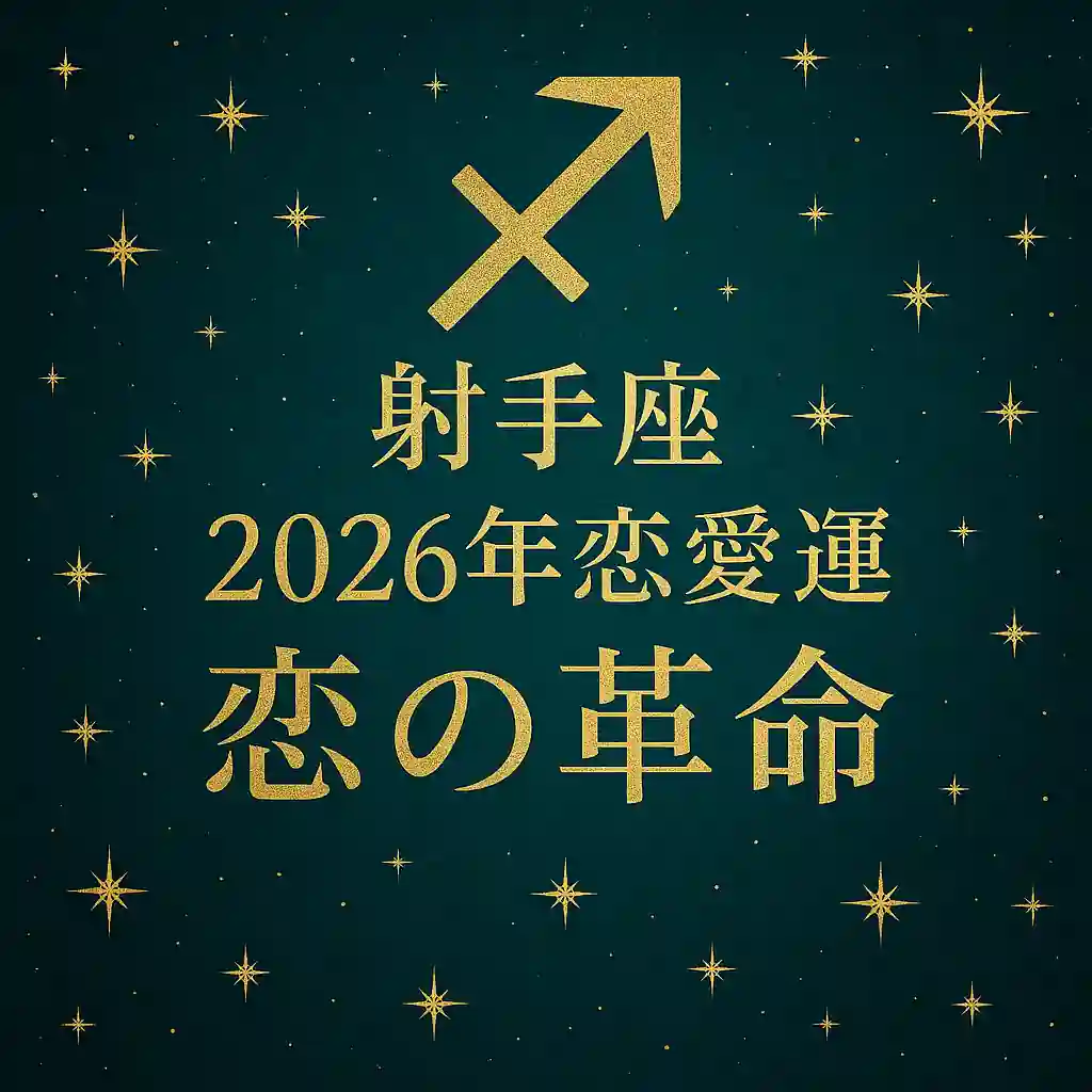 射手座のシンボルと「射手座｜2026年恋愛運｜恋の革命」の文字が中央に配置された、高級感のある天秤座カラーの星空デザインサムネイル