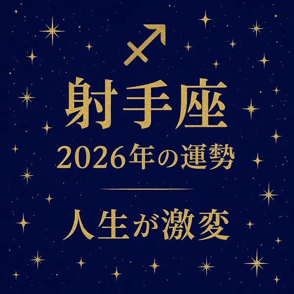 射手座｜2026年の運勢｜人生が激変――深い紺の星空に金箔風の射手座シンボルと中央揃えのタイトル文字が輝く、高級感のあるサムネイル画像