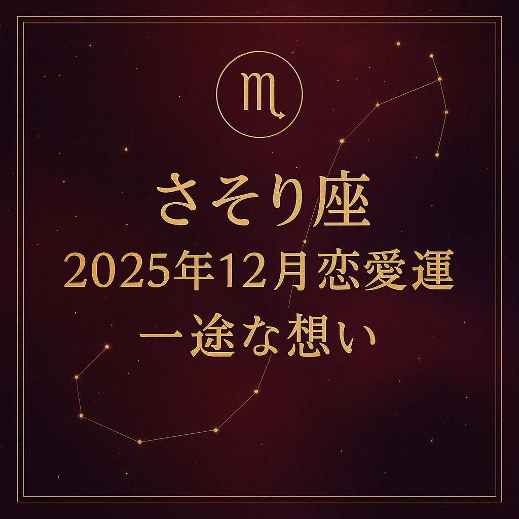 さそり座｜2025年12月の恋愛運「一途な想い」サムネイル。深いボルドーの星空背景に金色のさそり座シンボルと星座線、中央に金色の縦書き風文字でタイトルを配置。上品な金枠で星座感と高級感を表現。