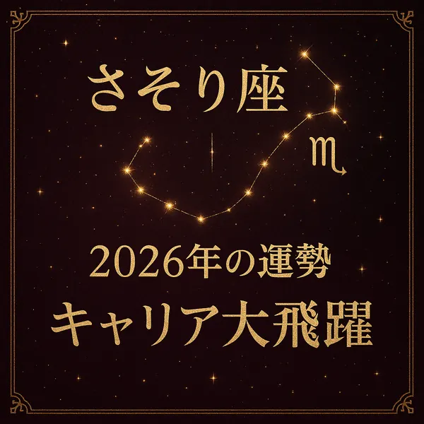 さそり座｜2026年の運勢｜キャリア大飛躍―深いボルドーに金の星座線と上品な装飾、中央揃えのタイトルで高級感あるサムネイル