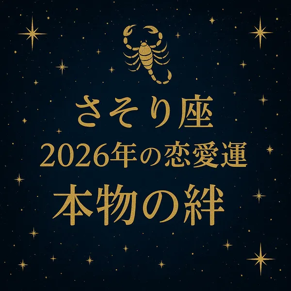さそり座「2026年の恋愛運｜本物の絆」のサムネイル画像。深いネイビーの夜空に金色のさそり座マークと星々が輝き、中央にタイトル文字が配置された高級感のあるデザイン。