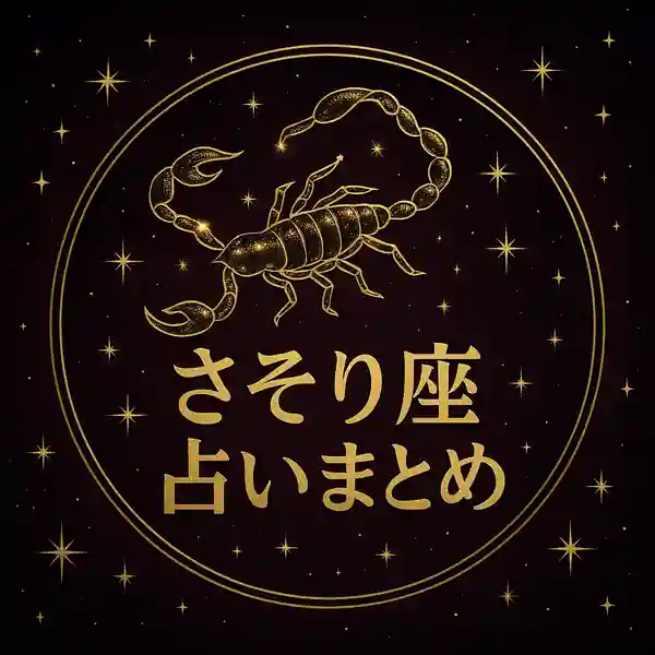 深いボルドーの夜空に金色のさそり座のシンボルと「さそり座占いまとめ」の文字が輝く、高級感のあるサムネイル画像