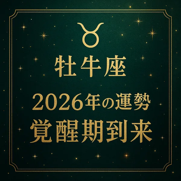 牡牛座｜2026年の運勢｜覚醒期到来――深いグリーンに金色のタウロス記号と星々、上質な額縁風ラインで高級感のあるサムネイル（中央揃えのタイトル文字）