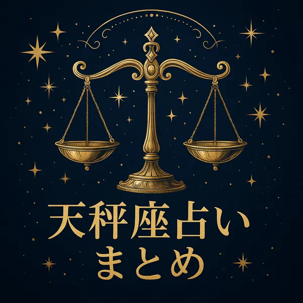 天秤座のシンボルである黄金の天秤と星空をあしらった、深いネイビーカラーの高級感あふれる「天秤座占いまとめ」用アイキャッチ画像