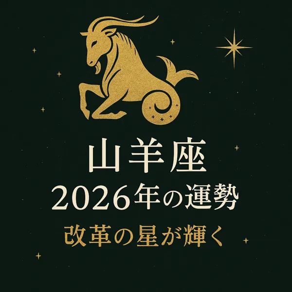 山羊座｜2026年の運勢｜改革の星が輝く——深いグリーンの背景に、金色の山羊座シンボルとタイトル文字が中央に配置された、高級感のある星座サムネイル