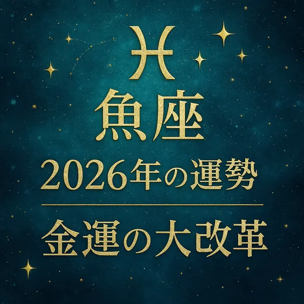魚座のテーマカラー（深いティール〜ブルー）の星空背景に、金色の魚座シンボルと「魚座／2026年の運勢／金運の大改革」の文字を中央揃えで配置した高級感のあるサムネイル。