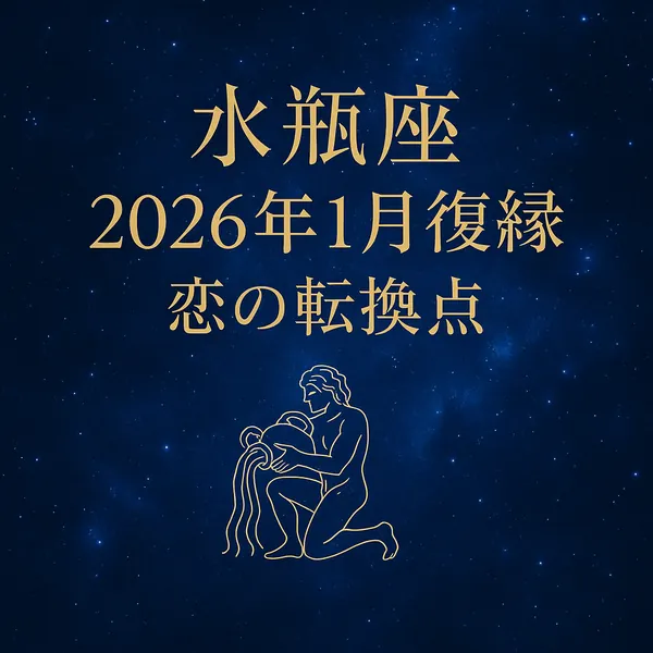 水瓶座の復縁運（2026年1月）サムネイル。ブルーの宇宙背景に金色の文字「水瓶座 2026年1月復縁 恋の転換点」と水瓶座の線画イラスト。