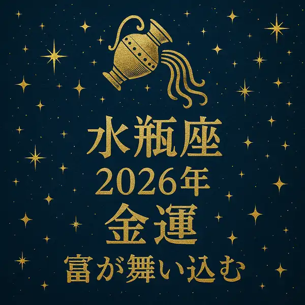 水瓶座の象徴である壺と星空を背景に、「水瓶座 2026年 金運 富が舞い込む」という金色の文字が中央に配置された、高級感のあるサムネイル画像