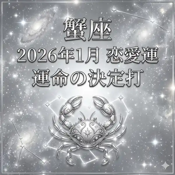 銀色の宇宙背景に「蟹座 2026年1月 恋愛運 運命の決定打」の文字。中央にシルバーのカニのイラストと星座のラインが輝くサムネイル。