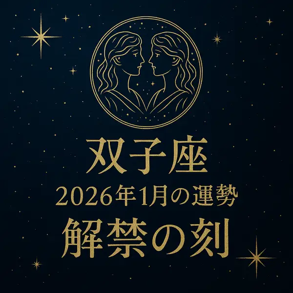 双子座｜2026年1月の運勢｜解禁の刻 ― 深いネイビーの夜空に金色の双子座シンボルと星々が輝く、高級感のある占いサムネイル画像