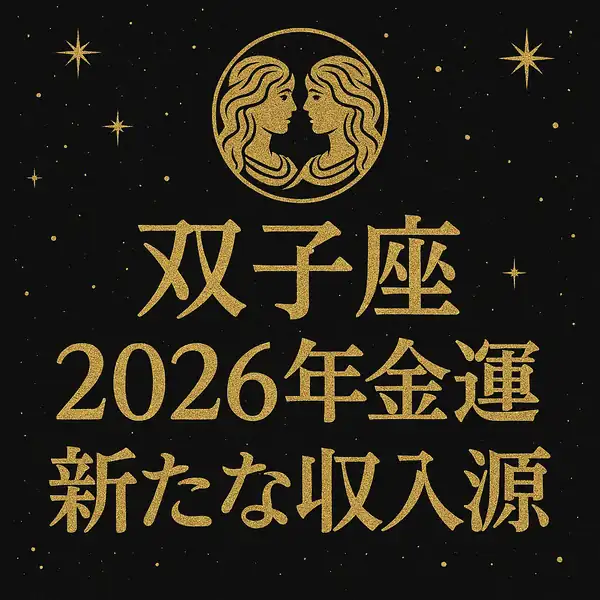 双子座の双子のシンボルと星空を金色で描いた背景に、「双子座」「2026年金運」「新たな収入源」という文字が中央揃えで配置された、高級感のあるサムネイル画像。