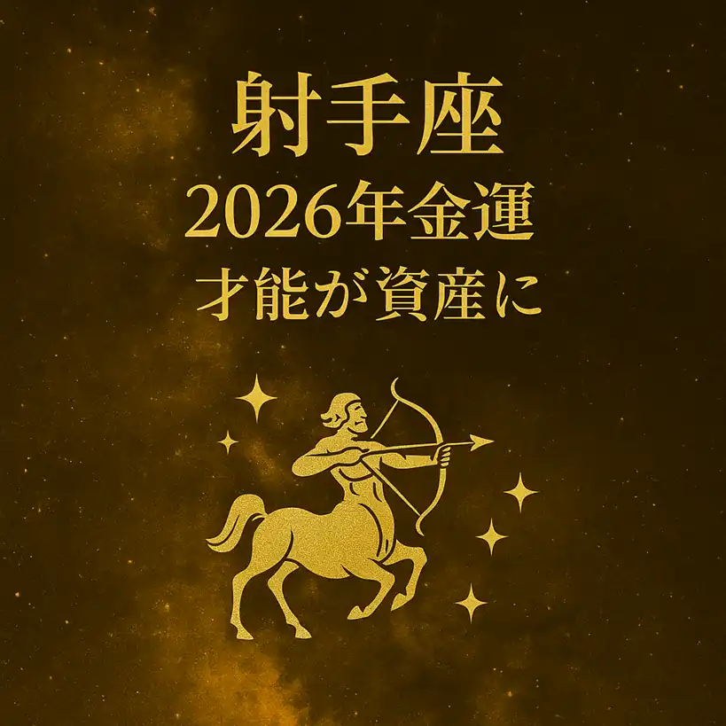 射手座｜2026年金運｜才能が資産に―金色の宇宙空間を背景に、中央に金色文字のタイトルと、下部に弓を引く射手座のシンボルが描かれた高級感のあるサムネイル画像