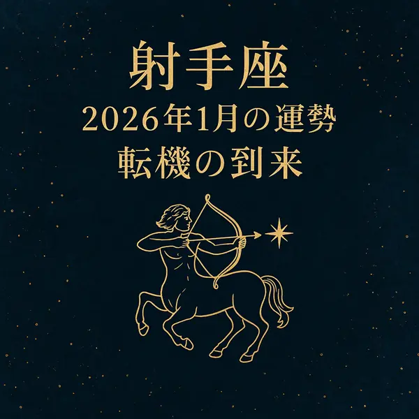 射手座の2026年1月の運勢「転機の到来」をテーマにしたサムネイル画像。深いネイビーカラーの夜空に金色の文字でタイトルが中央揃えで配置され、下部には矢を放つ射手座のシンボルのケンタウロスがゴールドラインで描かれている、高級感のあるデザイン。