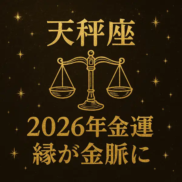 「天秤座｜2026年金運｜縁が金脈に」と金色で書かれた文字と、星空を背景にしたゴールドの天秤のシンボルが中央に配置された、高級感のあるサムネイル画像。
