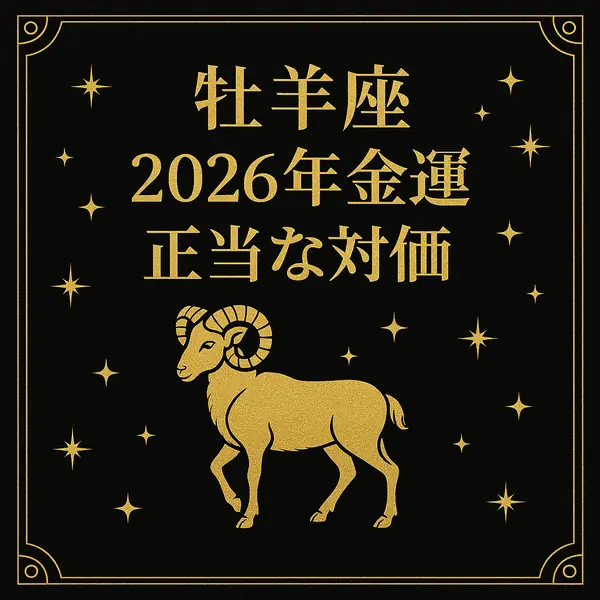 牡羊座「2026年金運｜正当な対価」と書かれた、黒地に金色の牡羊座モチーフと星が配置された高級感のあるサムネイル画像