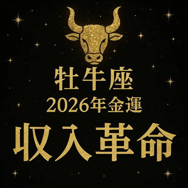 牡牛座の金運テーマ「2026年金運｜収入革命」を金色の牛のシンボルと星空の背景で表現した高級感のあるサムネイル画像