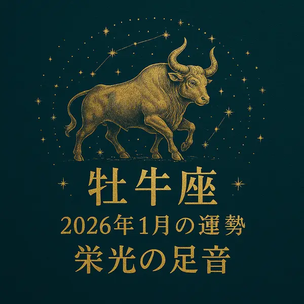 牡牛座の黄金の牛と星空を描いたサムネイル。「牡牛座 2026年1月の運勢 栄光の足音」と中央に金色の文字が配置された、高級感のあるデザインの占い用画像。