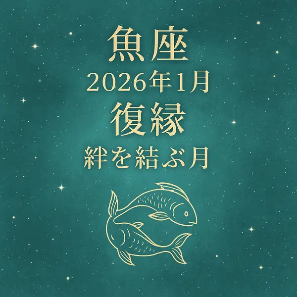 魚座｜2026年1月復縁｜絆を結ぶ月のサムネイル。シーフォームグリーンの宇宙背景に星空と金色の魚座モチーフ、中央揃えのタイトル文字。