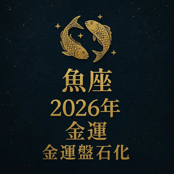 2026年の魚座の金運「金運盤石化」をテーマにしたサムネイル画像。魚座カラーの深いブルーの背景に、金色の魚のシンボルと「魚座｜2026年金運｜金運盤石化」の文字が中央揃えで配置され、高級感のある星空風デザイン。
